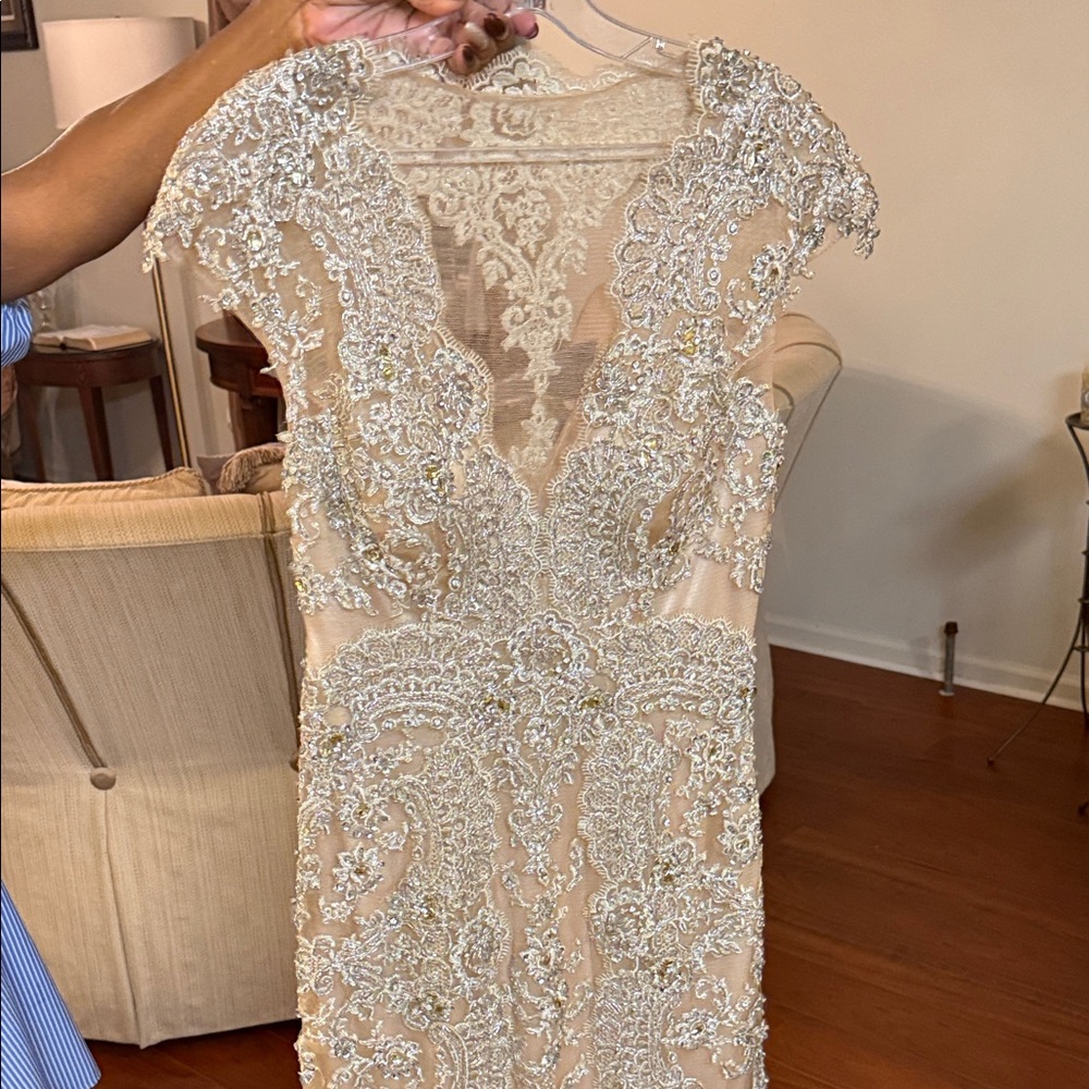 Jovani Backless Lace Dress in Cream and Gold